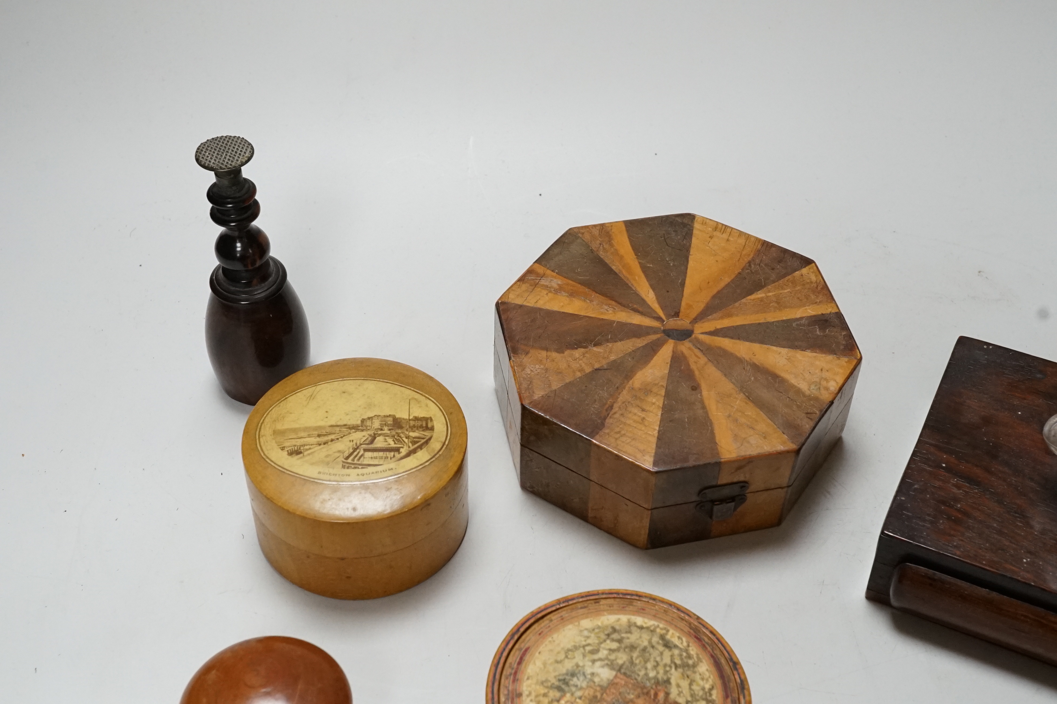 A Victorian sealing wax desk set, 16 cm wide early Tunbridge ware Penshurst Place drum shaped box, c.1810, and other treen